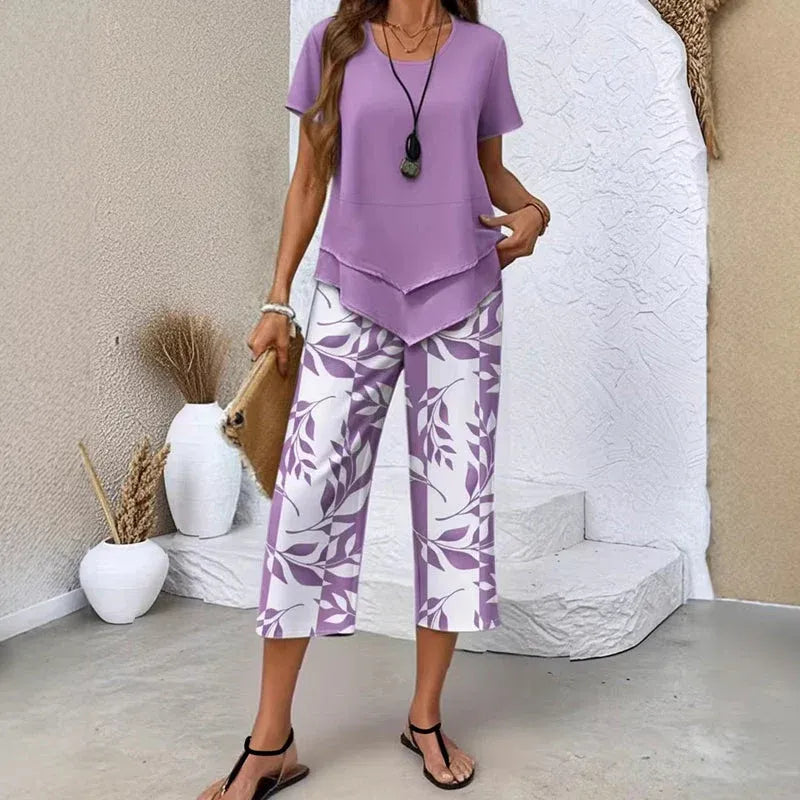 Women’s Layered Tunic Top and Printed Cropped Pants Set