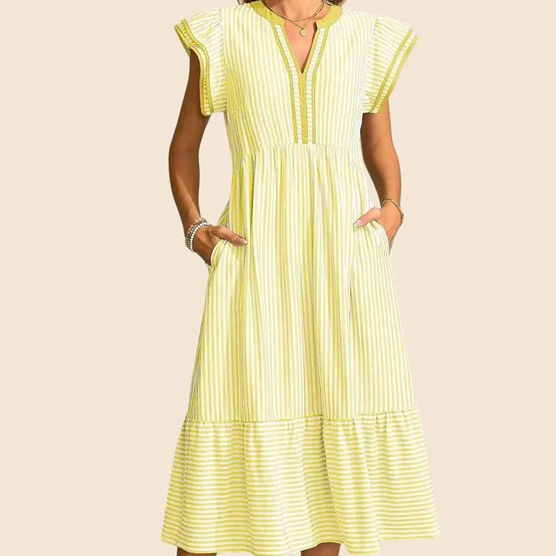 Women’s Striped V-Neck Flutter Sleeve Midi Dress