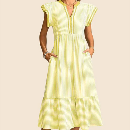 Women’s Striped V-Neck Flutter Sleeve Midi Dress