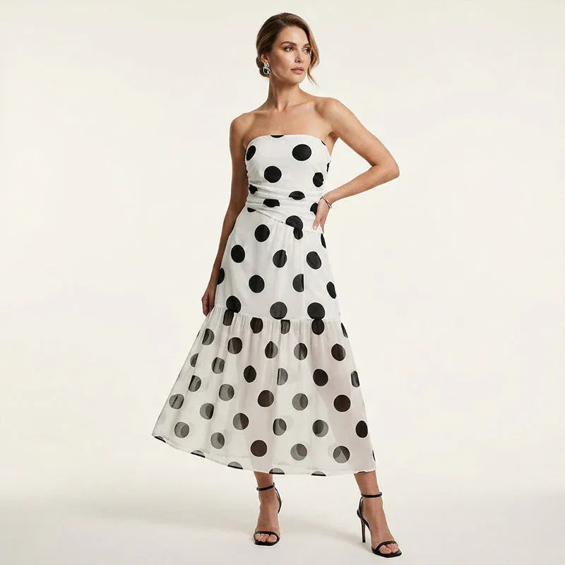 Women’s Strapless Polka Dot Tiered Midi Dress