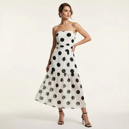 Women’s Strapless Polka Dot Tiered Midi Dress