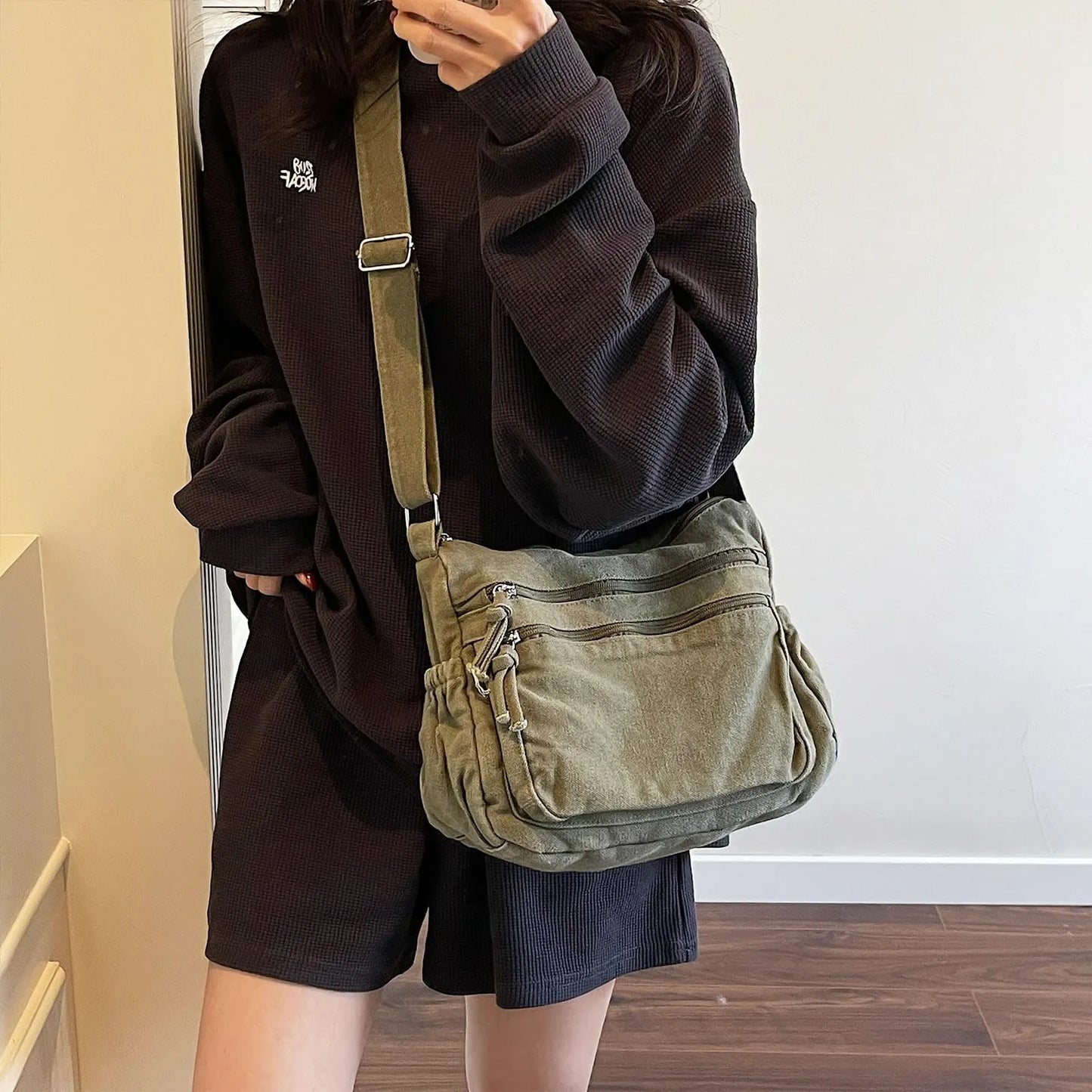 Multi-Pocket Canvas Crossbody Bag