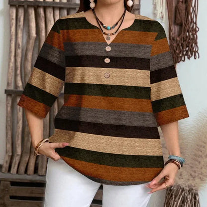 Women's Patterned V-Neck Buttoned Blouse