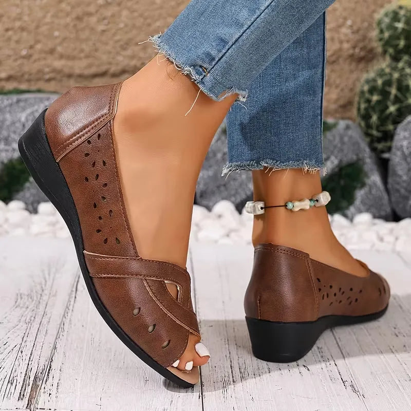 Women’s Perforated Peep-Toe Low Wedge Flats