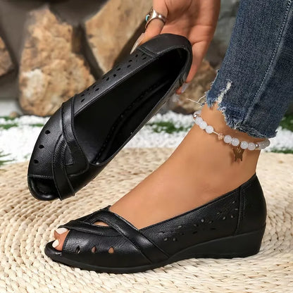 Women’s Perforated Peep-Toe Low Wedge Flats