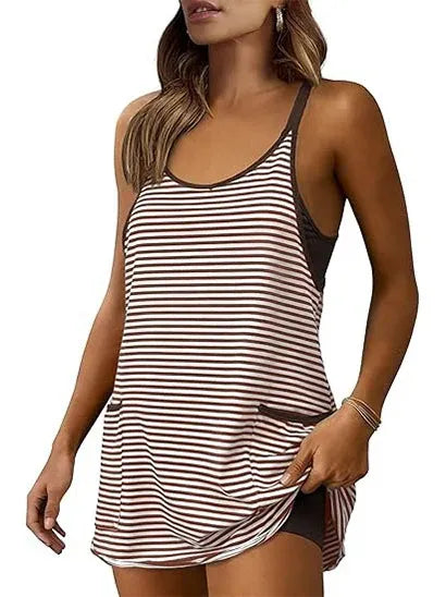 Women’s Striped Sleeveless Active Mini Dress with Built-In Shorts