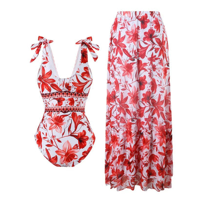 Women’s Floral V-Neck One-Piece Swimsuit with Matching Skirt