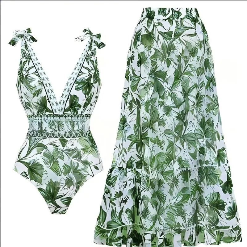 Women’s Floral V-Neck One-Piece Swimsuit with Matching Skirt