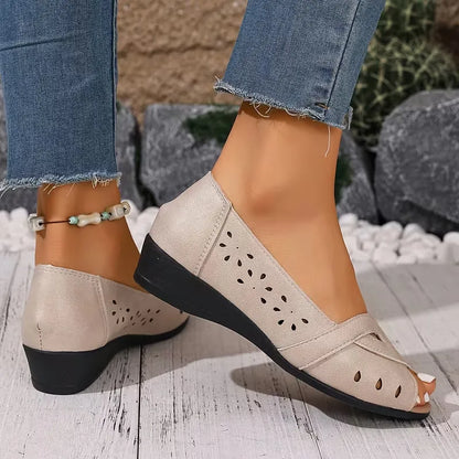Women’s Perforated Peep-Toe Low Wedge Flats