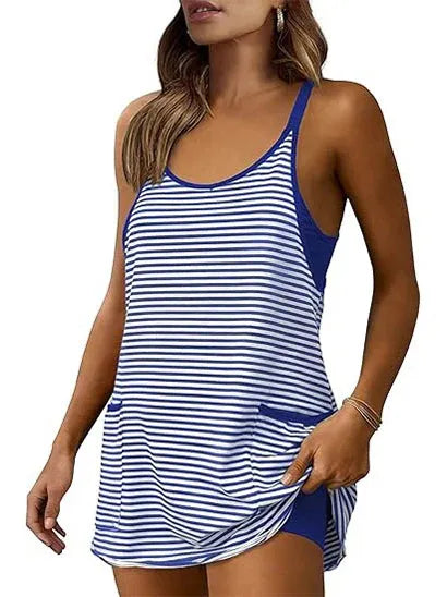 Women’s Striped Sleeveless Active Mini Dress with Built-In Shorts