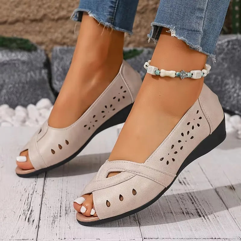 Women’s Perforated Peep-Toe Low Wedge Flats