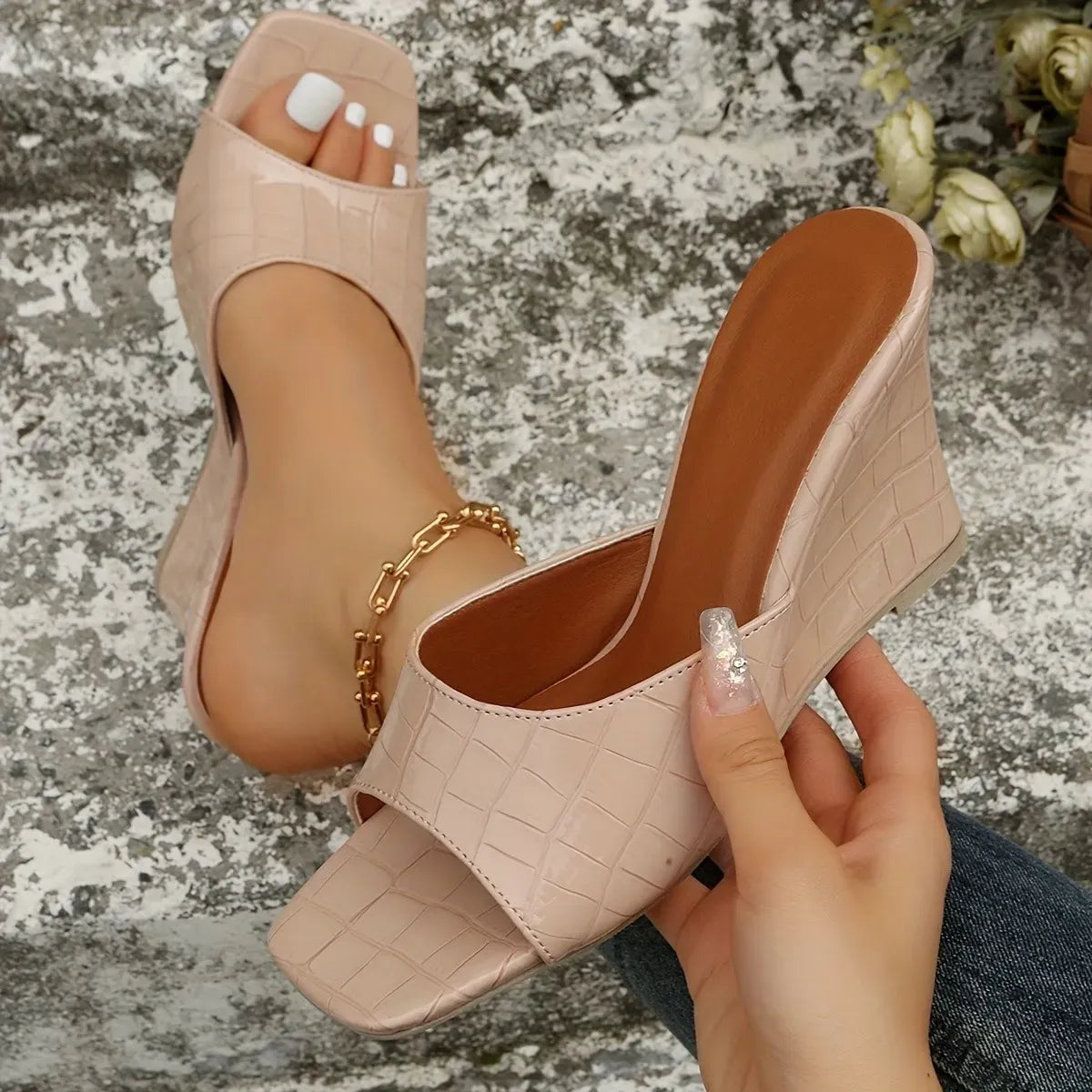 Women’s Square Toe Slip-On Wedge Mule Sandals
