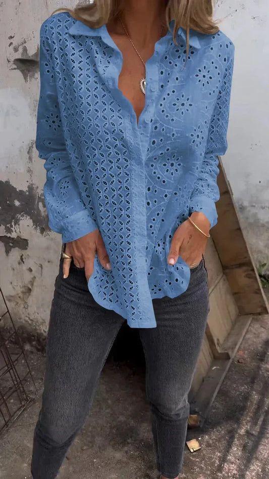 Women’s Eyelet Button-Front Long Sleeve Blouse