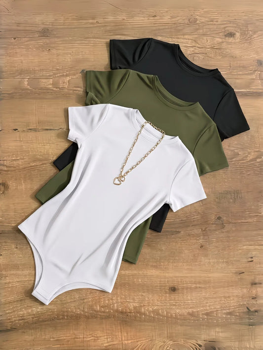Women’s Short Sleeve Crew Neck Slim Fit Bodysuit 3-Pack Set