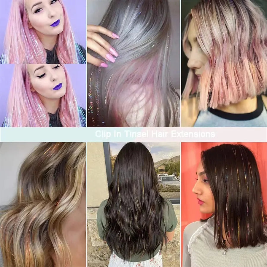 12-Pack Clip-In Sparkle Hair Tinsel Strands