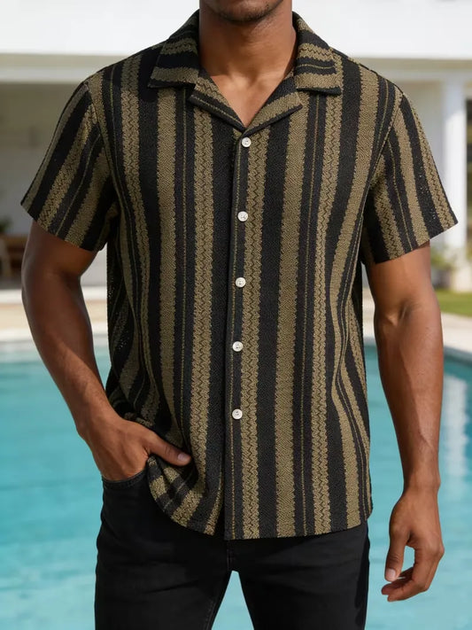 Men's Striped Button-Down Camp Collar Shirt