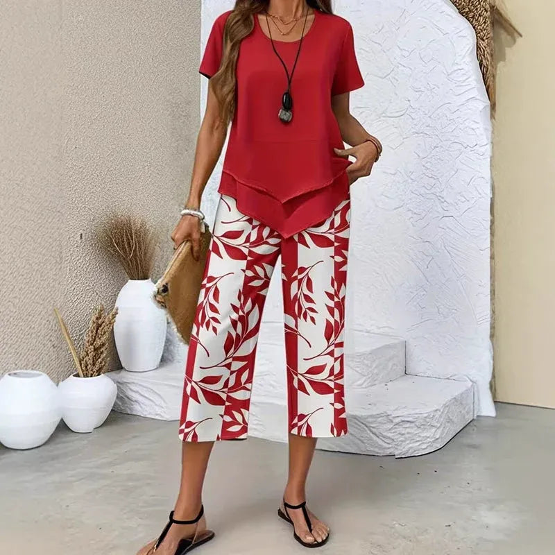 Women’s Layered Tunic Top and Printed Cropped Pants Set