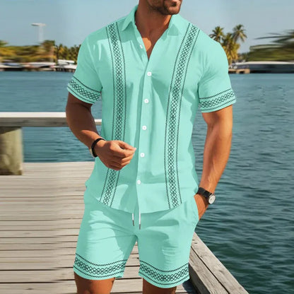 Men’s Embroidered Trim Short-Sleeve Shirt and Shorts Set