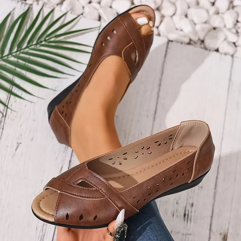 Women’s Perforated Peep-Toe Low Wedge Flats