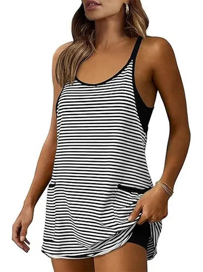 Women’s Striped Sleeveless Active Mini Dress with Built-In Shorts