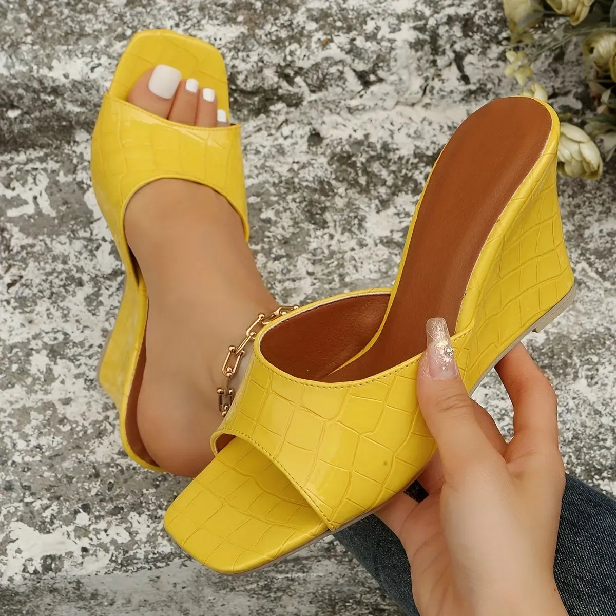 Women’s Square Toe Slip-On Wedge Mule Sandals