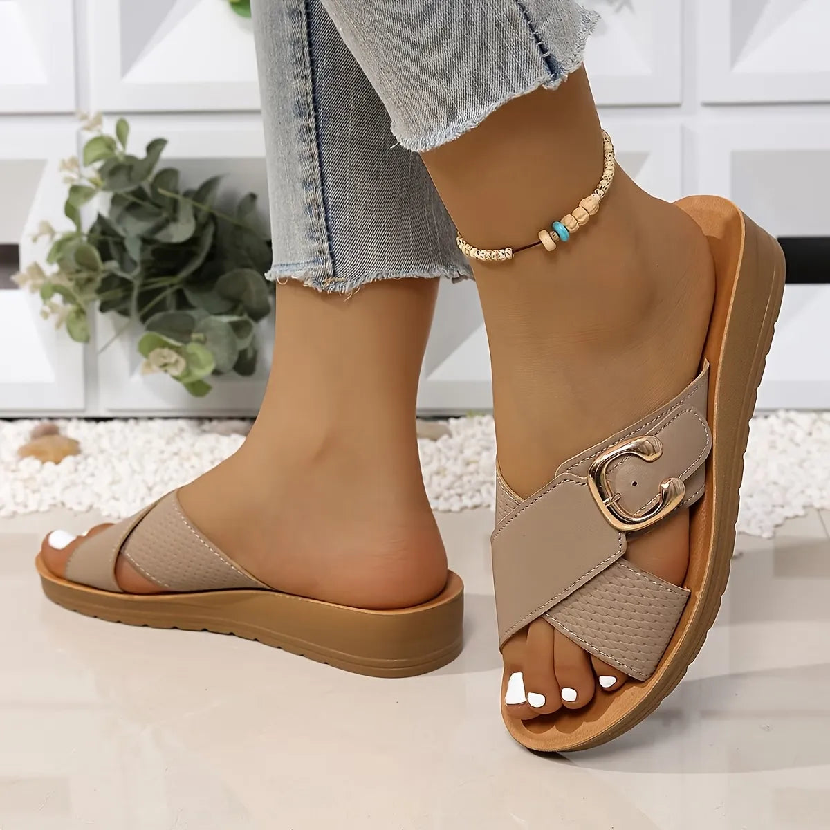 Women’s Cross-Strap Buckle Slide Sandals