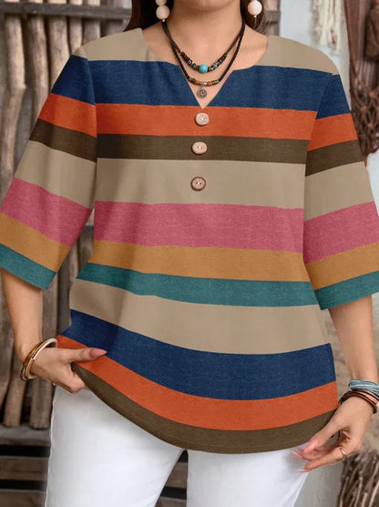 Women's Patterned V-Neck Buttoned Blouse