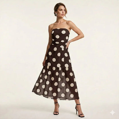 Women’s Strapless Polka Dot Tiered Midi Dress