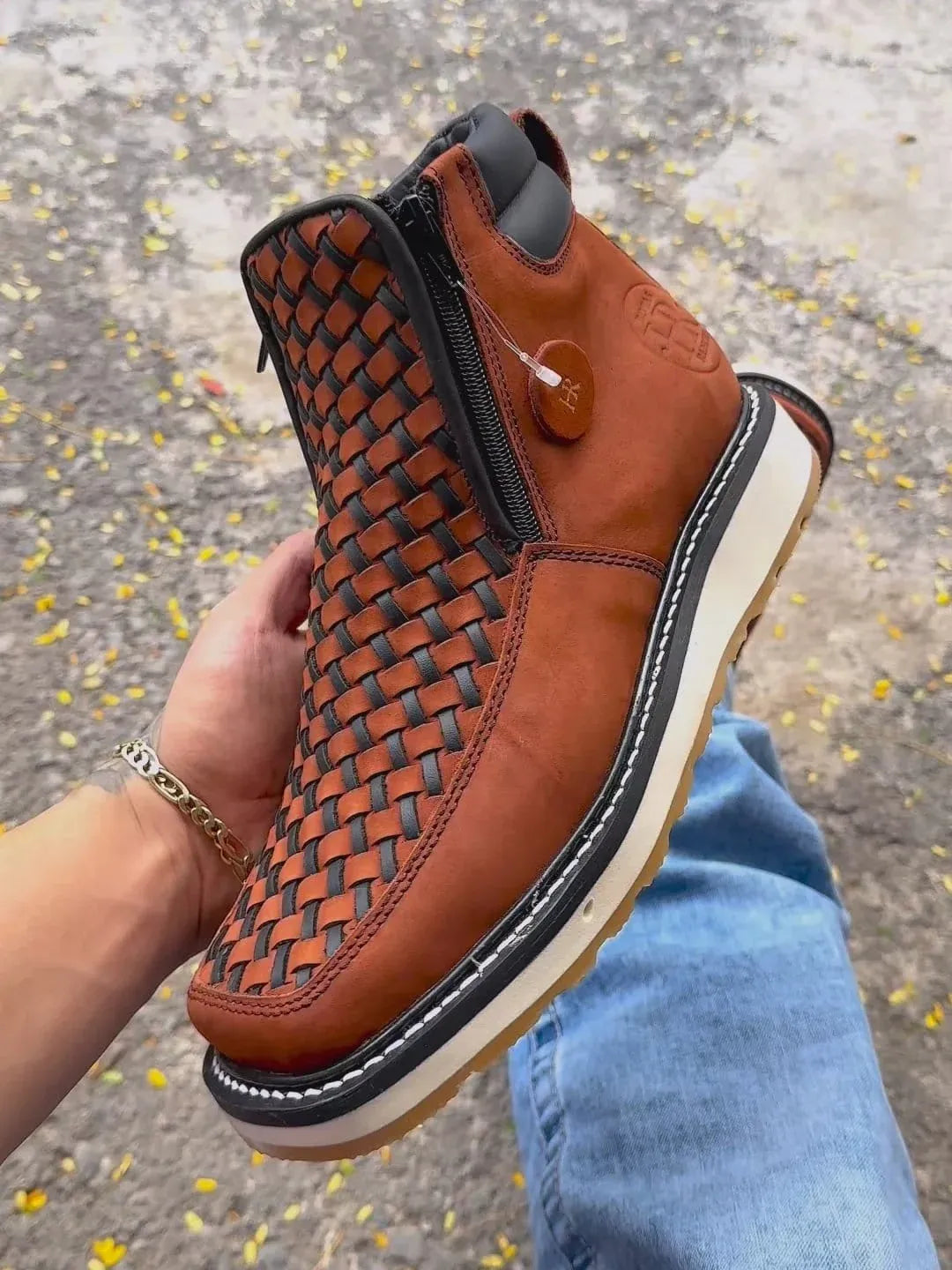 Men’s Woven Leather-Look Ankle Boots