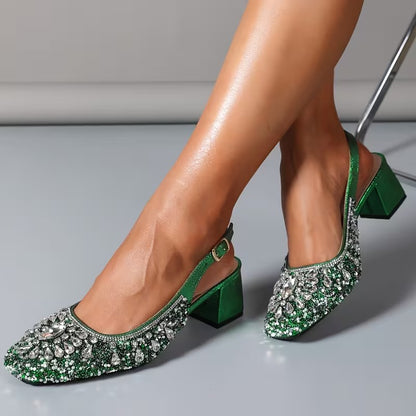 Women’s Rhinestone Slingback Block Heel Pumps