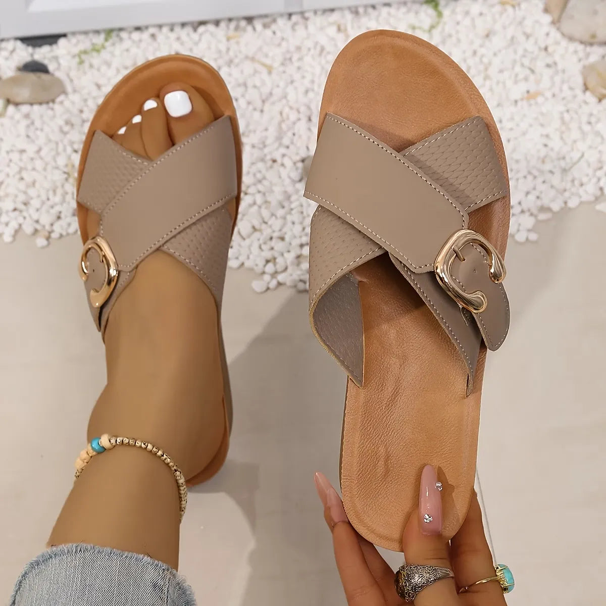 Women’s Cross-Strap Buckle Slide Sandals