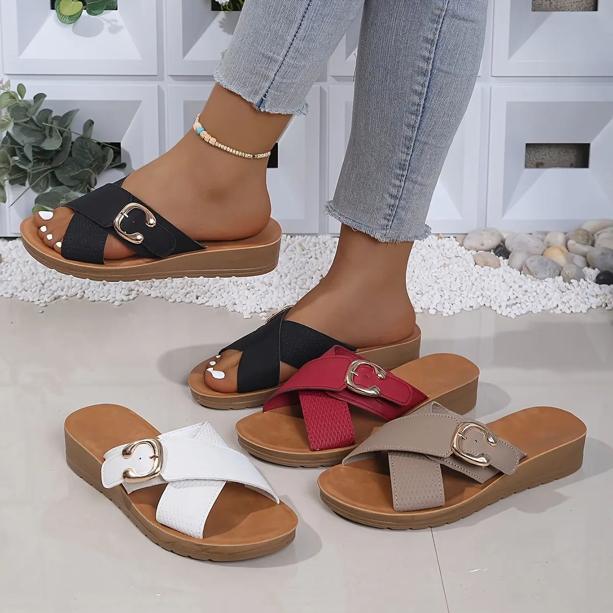 Women’s Cross-Strap Buckle Slide Sandals