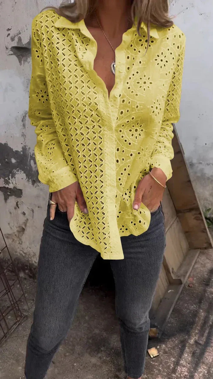 Women’s Eyelet Button-Front Long Sleeve Blouse
