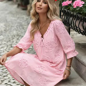 Women's Floral Embroidered Tie-Neck Dress