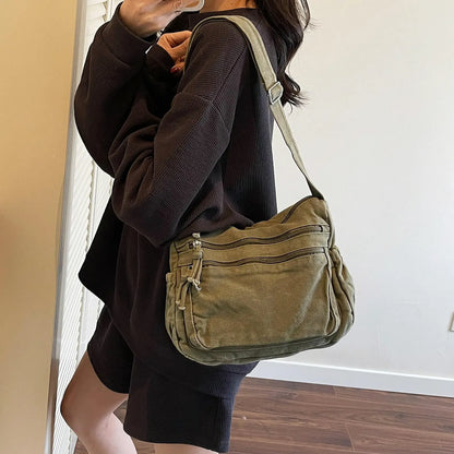 Multi-Pocket Canvas Crossbody Bag