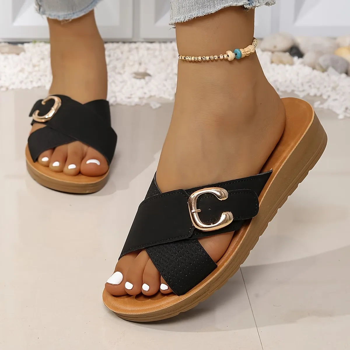 Women’s Cross-Strap Buckle Slide Sandals