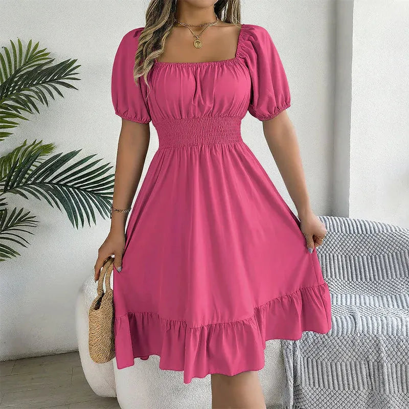 Women’s Smocked Square Neck Ruffle Hem Midi Dress