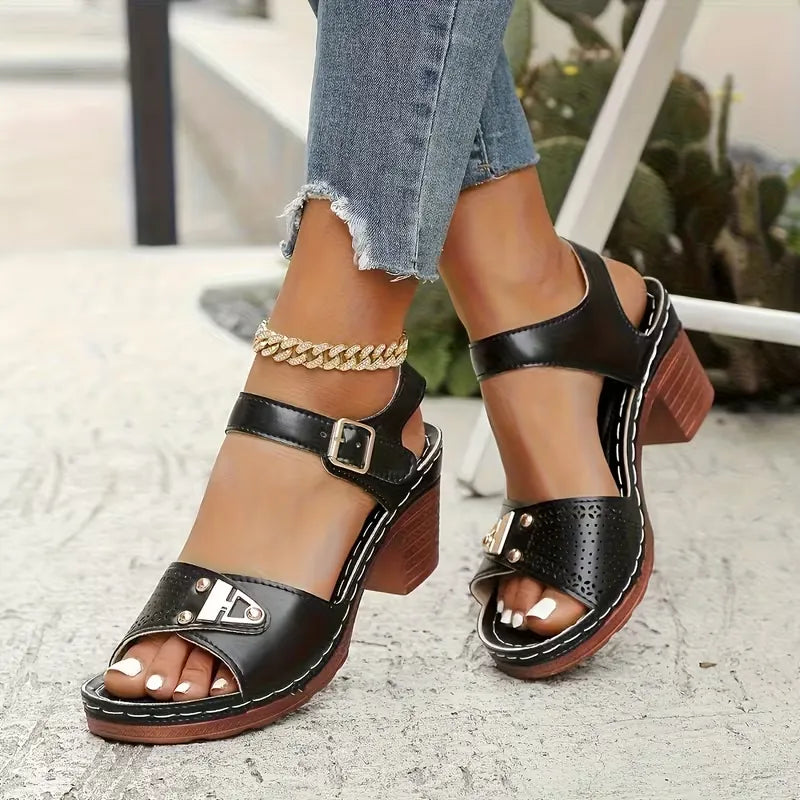 Women’s Perforated Buckle-Strap Block Heel Sandals