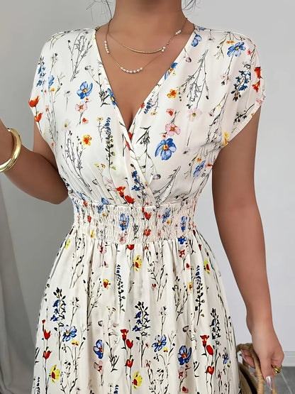 Women’s Printed Waist-Cinching V-Neck Maxi Dress