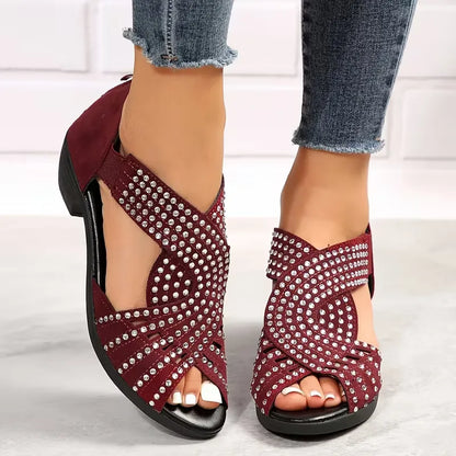 Women’s Rhinestone Cutout Open-Toe Low Heel Sandals