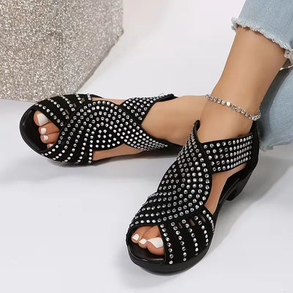 Women’s Rhinestone Cutout Open-Toe Low Heel Sandals