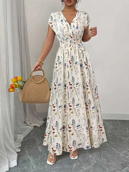 Women’s Printed Waist-Cinching V-Neck Maxi Dress