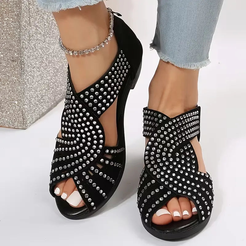 Women’s Rhinestone Cutout Open-Toe Low Heel Sandals