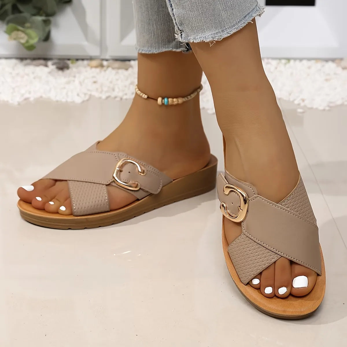 Women’s Cross-Strap Buckle Slide Sandals