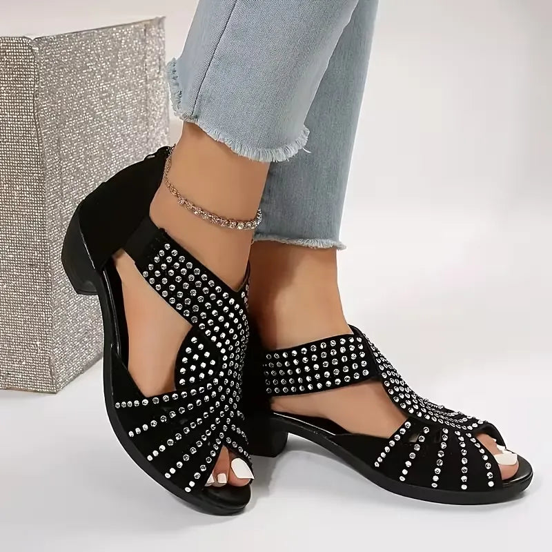 Women’s Rhinestone Cutout Open-Toe Low Heel Sandals