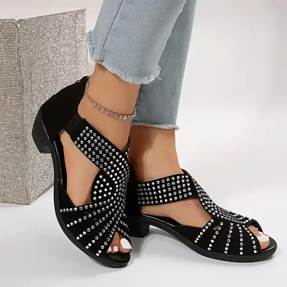 Women’s Rhinestone Cutout Open-Toe Low Heel Sandals