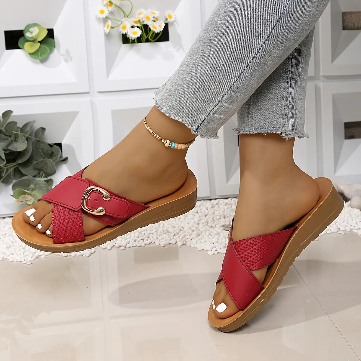 Women’s Cross-Strap Buckle Slide Sandals