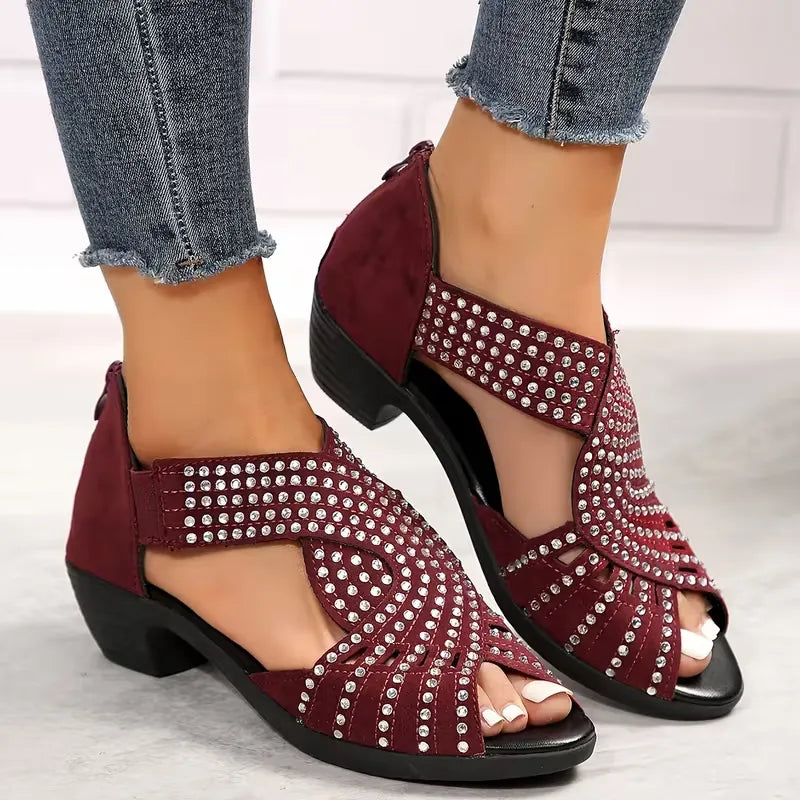 Women’s Rhinestone Cutout Open-Toe Low Heel Sandals