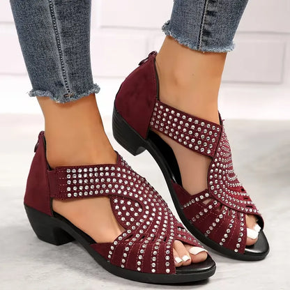 Women’s Rhinestone Cutout Open-Toe Low Heel Sandals