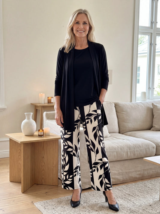 Women’s Three-Piece Cardigan Top & Printed Wide-Leg Pants Set